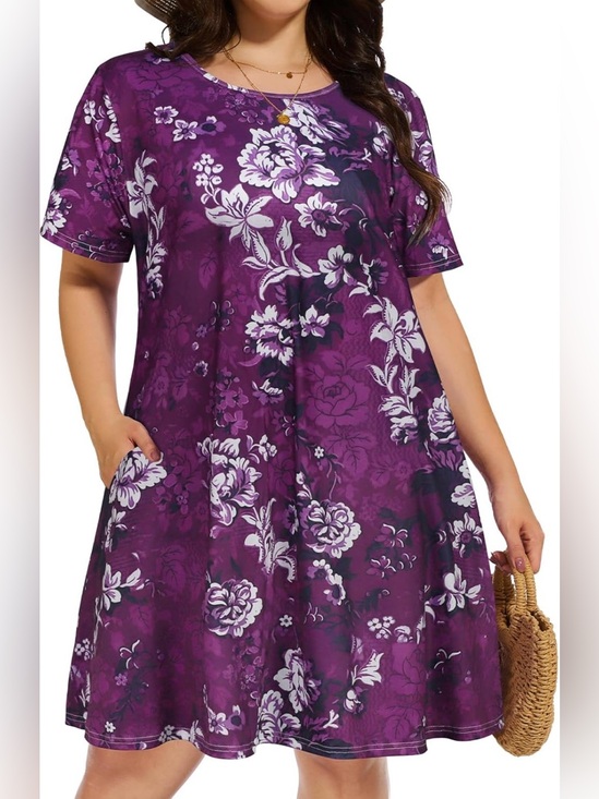 Dresses & Skirts - Women's Purple Floral Print Casual Dress